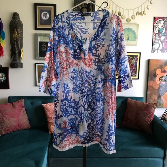 KIKOSOL size XL White & Blue Beaded Coral Tasseled 3/4 Sleeve Tunic Cover-Up - Picture 1 of 6